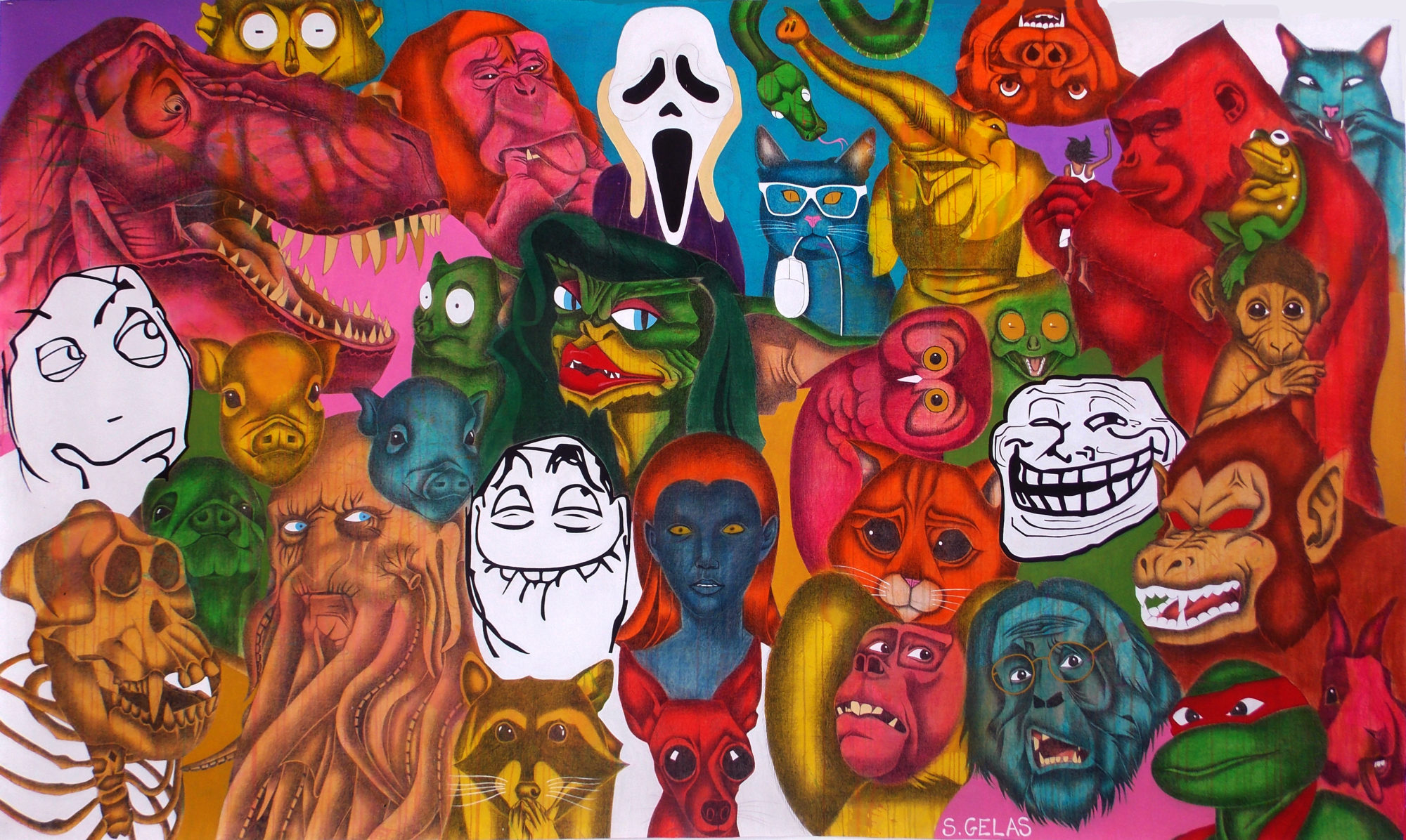 Bestiaire, art contemporain, Peinture acrylique et pierre noire, Tableau, Samuel GELAS